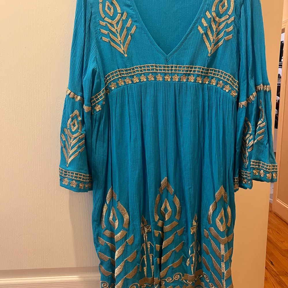 Soft Surroundings Teal Dress with Gold Accents